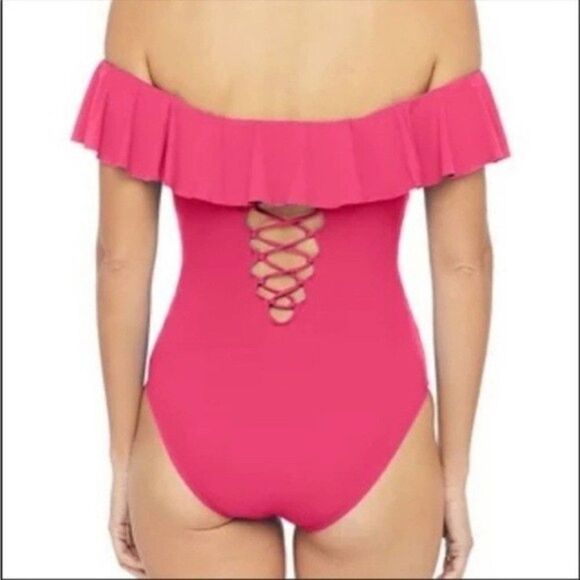 La Blanca Island Goddess Off-The-Shoulder Ruffled Tummy-Control One-Piece Sz 4 - Picture 2 of 10
